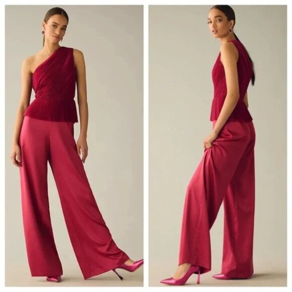 NWT Anthropologie Hutch Pleated One Shoulder Jumpsuit Size 10 Pink Rose Wide Leg